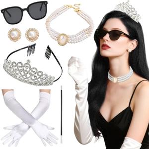 JeVenis 1920s Accessories Costume Gloves Sunglasses for Women Halloween Costume Pearl Pendant Necklace Earrings