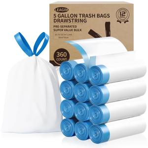 5 Gallon Trash Bags, 360 Count -1.2 Mil Drawstring Small Garbage Bags, White Plastic Trash Can Liners for Bathroom Accessories, 18 Liter, Bedroom, Dorm Room Essentials, Office