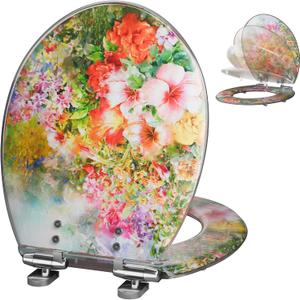 Angol Shiold ROUND Resin Soft Close Toilet Seat Flowers 16.5" | Quick Release Heavy Duty Decorative Acrylic Seats Easy to Install & Clean (Abstract Floral Art Print)