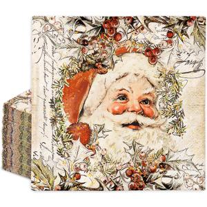 JarThenaAMCS 80Pcs Christmas Paper Napkin Vintage Santa Claus Disposable Luncheon Napkin Retro Dessert Dinner Hand Napkins for Winter Birthday Baby Shower