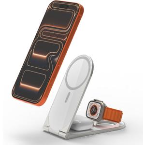 Wireless Charging Station, 3 in 1 Phone Charger Stand, Foldable MagSafe Charger for 17/16/15/14/13/12 Pros Plus, Watch Ultra, Airpods, Magnetic Travel Charging Station with 20w Adapter (White)