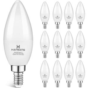 hansang 12 Pack E12 LED Candelabra Light Bulbs 60W Equivalent, 2700K Warm White, Chandelier Bulb Small Base, 600 Lumens CRI85+ 120V Type B Candle Light, 6W B11 for Ceiling Fan, Non-Dimmable