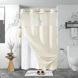 Eachope stall no Hook Tufted Shower Curtain with snap in Liner Set, White Waterproof Fabric Inner Liner,Boho Style Shower Curtain with See Through top Window, Cream, 54Wx80H