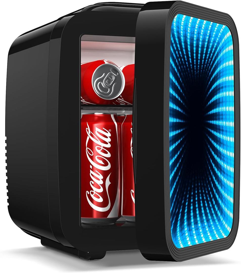 BEICHEN Mini Fridge, 4L/6 Can Small fridge with Dimmable Gaming Light for Bedroom,Office,Gaming room and Car,AC/DC Portable Thermoelectric Cooler & Warmer for Food, Drinks, Skincare,Black