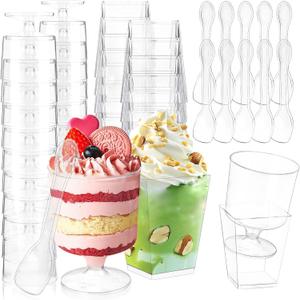 150 Dessert Cups with Spoons Sets, 5oz Mini Clear Plastic Disposable Parfait Cups, Small Serving Bowl for ice cream pudding, Square Dessert Shot Glasses Round Goblets for Fall Halloween Party
