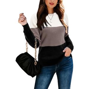 LAISHEN Womens Fall Fashion 2023 Long Sleeve Sweaters Casual Loose Color Block Crew Neck Knit Pullover Tops (L)