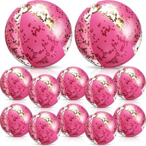 Lewtemi 12 Pcs Inflatable Sequins Beach Balls 24 Inch 16 Inch Giant Confetti Shiny Balls Swimming Pool Beach Toys for Summer Party Decor Glow in the Dark Pool Party(Pink)