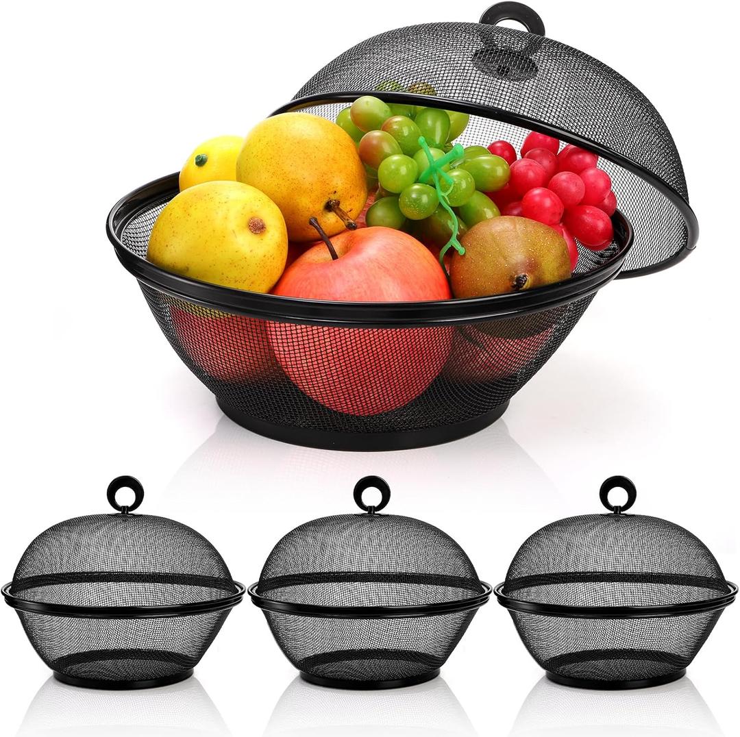 Hacaroa 4 Pack Mesh Fruit Bakset with Lid, 10 Inch Wire Food Cover Protective Produce Holder Covered Fruit Bowl, Metal Vegetable Strainer for Kitchen Countertop, Black