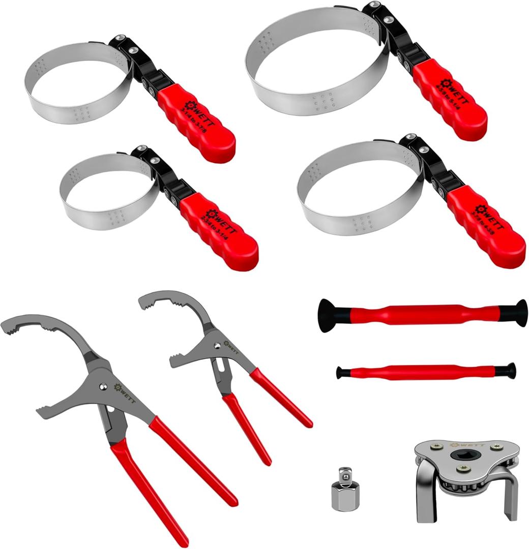 WETT Swivel Oil Filter Wrench Set, 9-Piece Standard Oil Filter Removal Tool, with Adjustable Oil Filter Plier and Valve Lapper, Stainless Steel Remover Pliers (2-3/4" to 5-1/4")