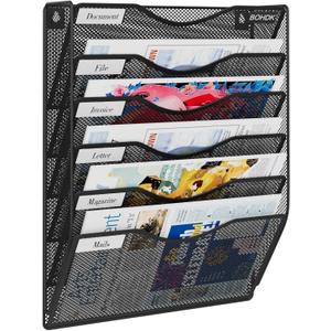 BOHDK Wall File Organizer, 6 Tier Hanging File Folder Mail Organizer, Vertical Mesh Metal Wall Mount Hanging File Holder, Paper Document Magazine Rack for Home Office Black