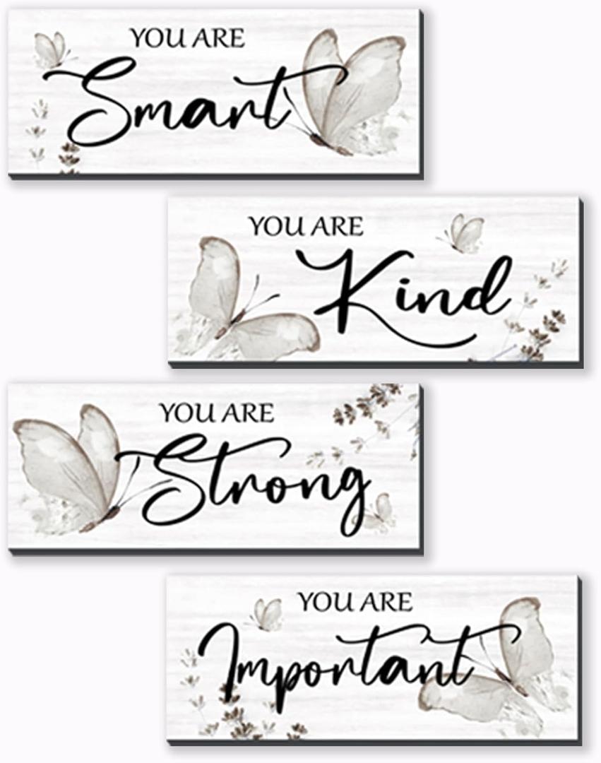 DONFENTHY 4 Pcs Butterfly Wall Decor Black Room Decor Wooden Positive Butterfly Decor with Inspirational Word Black White Grey for Women Room Bathroom Bedroom Office(Black,10x4 In)