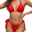 Zonsaoja Women Thong Bikini Side Tie Triangle Two Piece Bathing Suits Halter Knot Swimsuits S