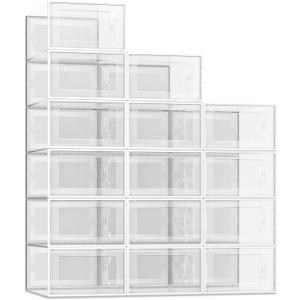 SEE SPRING Large 15 Pack Shoe Storage Box, Clear Plastic Stackable Shoe Organizer for Closet, Space Saving Foldable Shoe Rack Sneaker Container Bin Holder