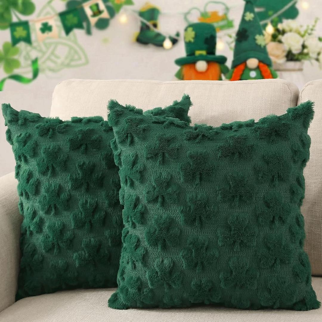 3Sizes 2 Pack 18"*18" St Patricks Day Pillow Covers St Patricks Day Decorations Green Shamrock Soft Plush Faux Fur Jacquard Throw Pillows for Bedroom Sofa Holiday Festivals Home Decor