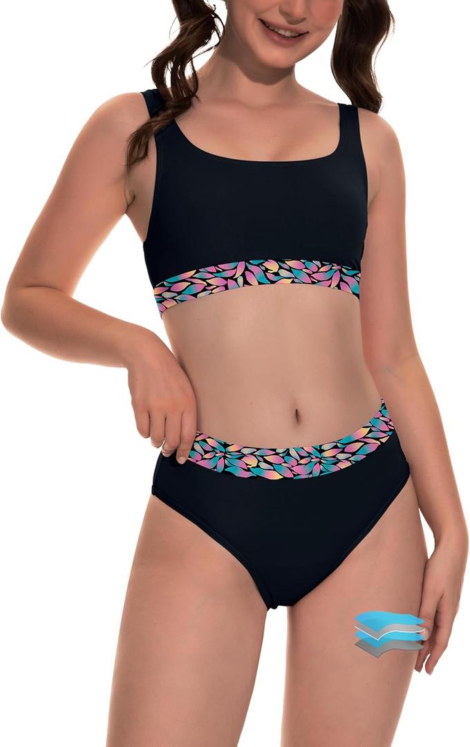 Beautikini Period Swimwear for Teens Two Piece Menstrual Leakproof Swimsuit Bikini Set Mid Waist Print Bathing Suit for Girls (Small, Black)
