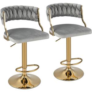 Velvet Adjustable Bar Stools Set of 2, Max Load 400 Lbs, Modern Upholstered Swivel Barstools with Woven Back, Footrests, Adjustable Height Bar Chairs for Kitchen Island Cafe Pub, Grey+Gold