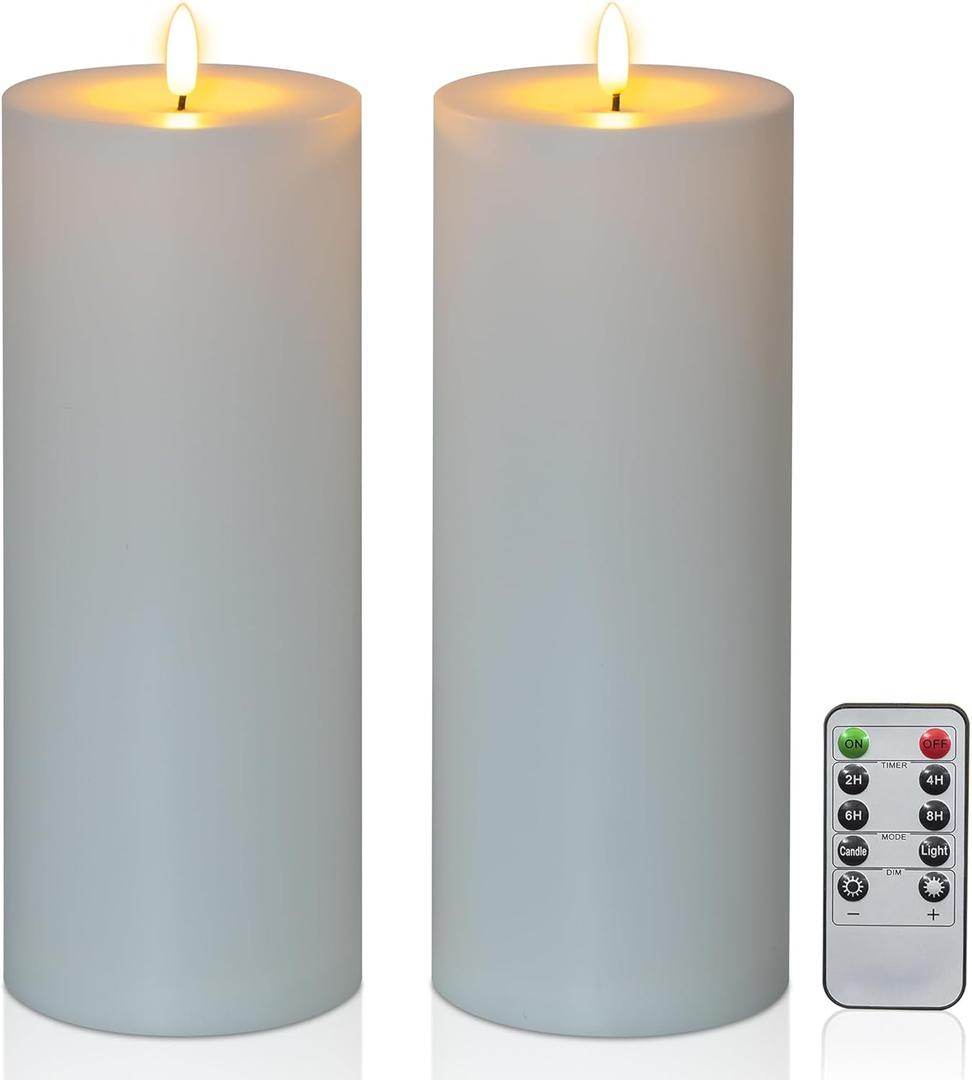 10" x 4" Waterproof Outdoor Flameless Candles Battery Operated LED Flickering Tall Pillar Candles with Remote and Timer for Indoor Outdoor Lanterns, Long Lasting, White Set of 2