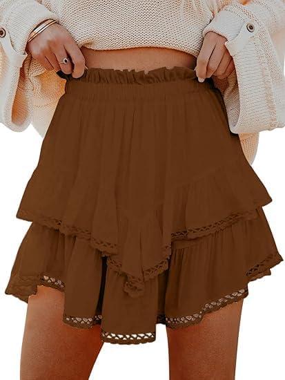 Flowy Shorts for Women Casual Boho Ruffle Tiered Skorts High Waist Mini Skirts Golf Tennis Crochet Shorts (Brown, XXL)