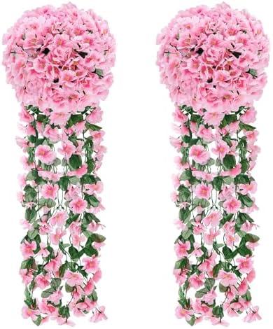 Der Rose 2 Packs Fake Hanging Plants Artificial Flowers for Outdoors Pink UV Resistant for Home Porch Balcony Garden Patio Decor