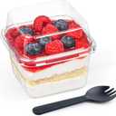 Zezzxu 8 oz Dessert Cups with Lids and Spoons, 50 Sets, Square Plastic Dessert To-Go Containers with Dome Lids & Sporks for Yogurt Parfait, Fruit, Pudding, Cake, Mousse, Tiramisu
