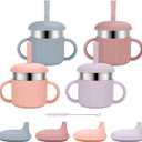 Baby Sippy Cups, 7.4 Oz Sippy Cups, 3 Stages Training Cup, Straw Cup for Infants Toddlers 6-12 Month and Kids 1-3 Year, Stainless Steel Kid Cups with Silicone Straws, 4 Colors B (Coral+Blue+Pink+Purple)