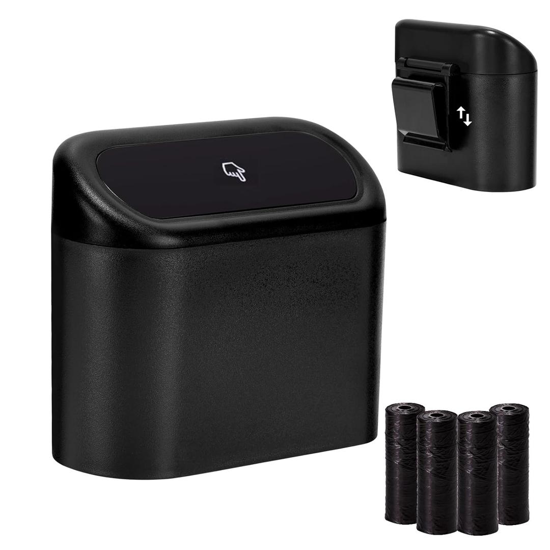 Ginsco Mini Car Trash Can with Lid, Small Car Garbage Can, Cute Leakproof ABS Car Trash Bin, Car Accessories for Interior, Garbage Bin for Car, Home, Office with 60pcs Trash Bags Black