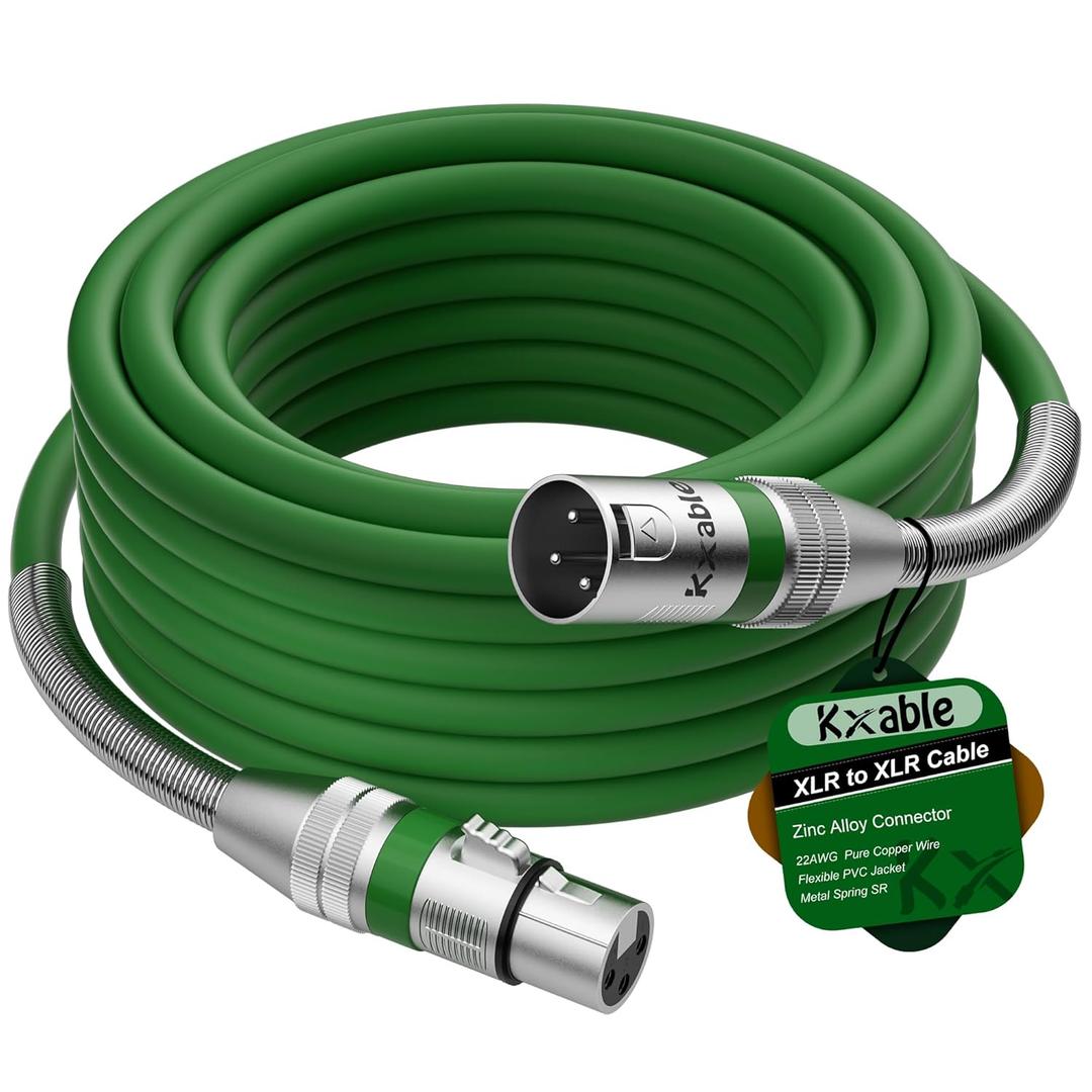 Kxable XLR Microphone Cable 10 FT, XLR Male to Female Balanced Mic Cable, 3-Pin Shielded Speaker Cord, Zinc Alloy Connectors, 22AWG Pure Copper, Metal Spring SR, Recording Studio, Podcast, Green