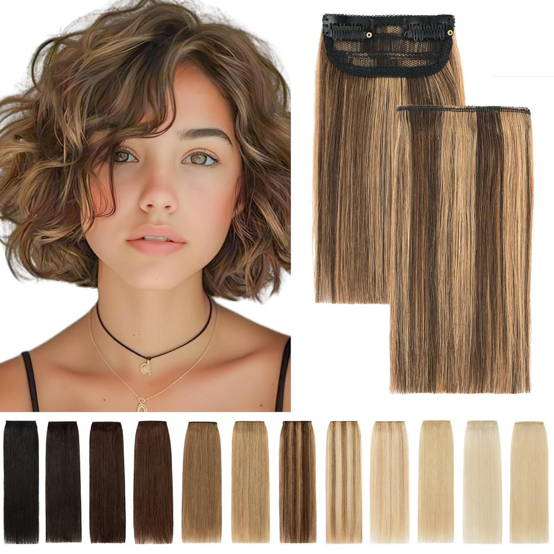 SEGO 2 Pcs Short Hair Extensions Clip in Human Hair 6 Inch 20g Hairpiece Toppers for Women With Thinning-Hair Adding Volume -#4P27 Medium Brown&Dark Blonde