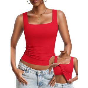 Avidlove Womens Built in Bra Tank Tops Double Lined U Neck Strechy Basic Summer Trendy Going Out Top (Red, S)