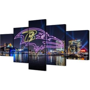 (60X100CM/5PCS) Frame Canvas Print Poster - Baltimore Inner Harbor American football Neon Ravens badge - City Landscape Wall Art for Home and Office Decor 