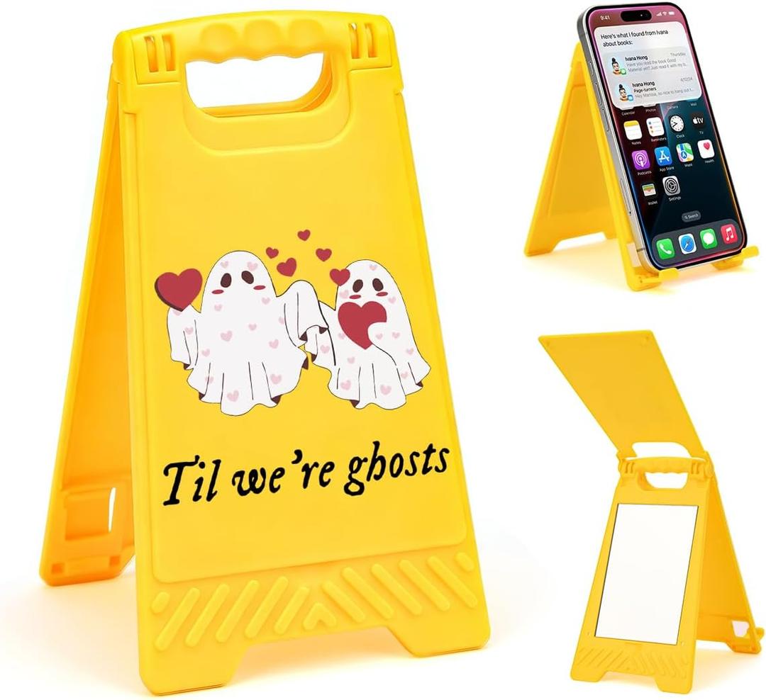 Cute I Love You Valentine's Day Til We're Ghosts Desk Sign Yellow Warning Style Table Decor Valentine's Day Gift for Boyfriend Girlfriend Husband Wife Tabletop Cubicle Phone Holder Mirror Stand