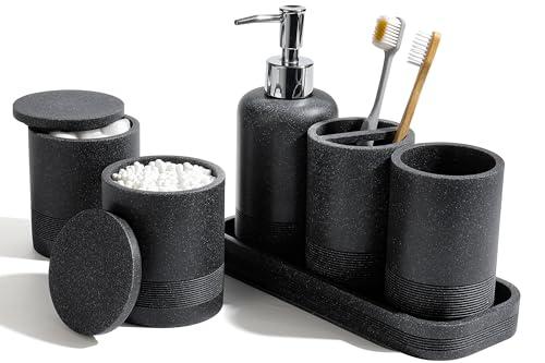 Bathroom Accessories Set, 6-Piece Bathroom Accessory Set, Toothbrush Holders Set, Soap Dispenser, Vanity Tray, Tumbler, Cotton Swab Jars, Bathroom Organizer for Modern Bathrooms(Black)