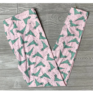 LuLaRoe TC2 Leggings Pink with Green Dinosaurs (TC fits Sizes 12-18)