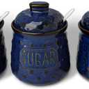 GDCZ 10 Oz Sugar Pepper and Salt Bowls with Lid and Spoon, Ceramics Seasoning Container, Seasoning Jar Spice Container for Kitchen,Dishwasher Safe, Set of 3 (Blue)