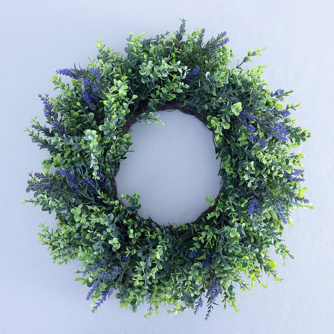 Seasons 22 inch Boxwood Wreath for Front Door, Artificial Spring & Summer Wreath with Greenery Leaf for Farmhouse, Wall, Window or Wedding Home Decor (Lavender)