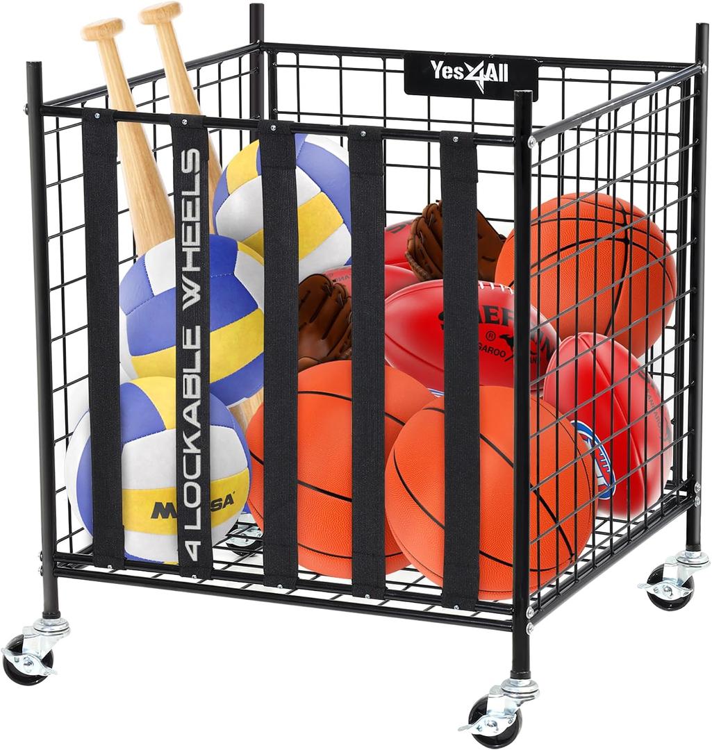 YES4ALL Rolling Ball Cart Storage with Lockable Wheels Volleyball Basketball Holder, Toy Balls Bin, Garage Cage, Storage Racks, Sports Equipment Organizer, Ball Rack for Outdoor Indoor Use