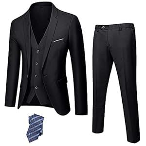 Hihawk Men's 3 Piece Suit with Stretch Fabric, Solid Slim Fit One Button Suit Blazer Set, Jacket Vest Pants with Tie. Black 3X-Large