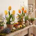 Spring Artificial Tulip Potted Plants Set of 2, 10.2 Inch Vintage Faux Yellow Tulips in Rustic Pot, Spring Table Centerpiece Arrangement for Desk Shelf Kitchen Dining Room Home Decor