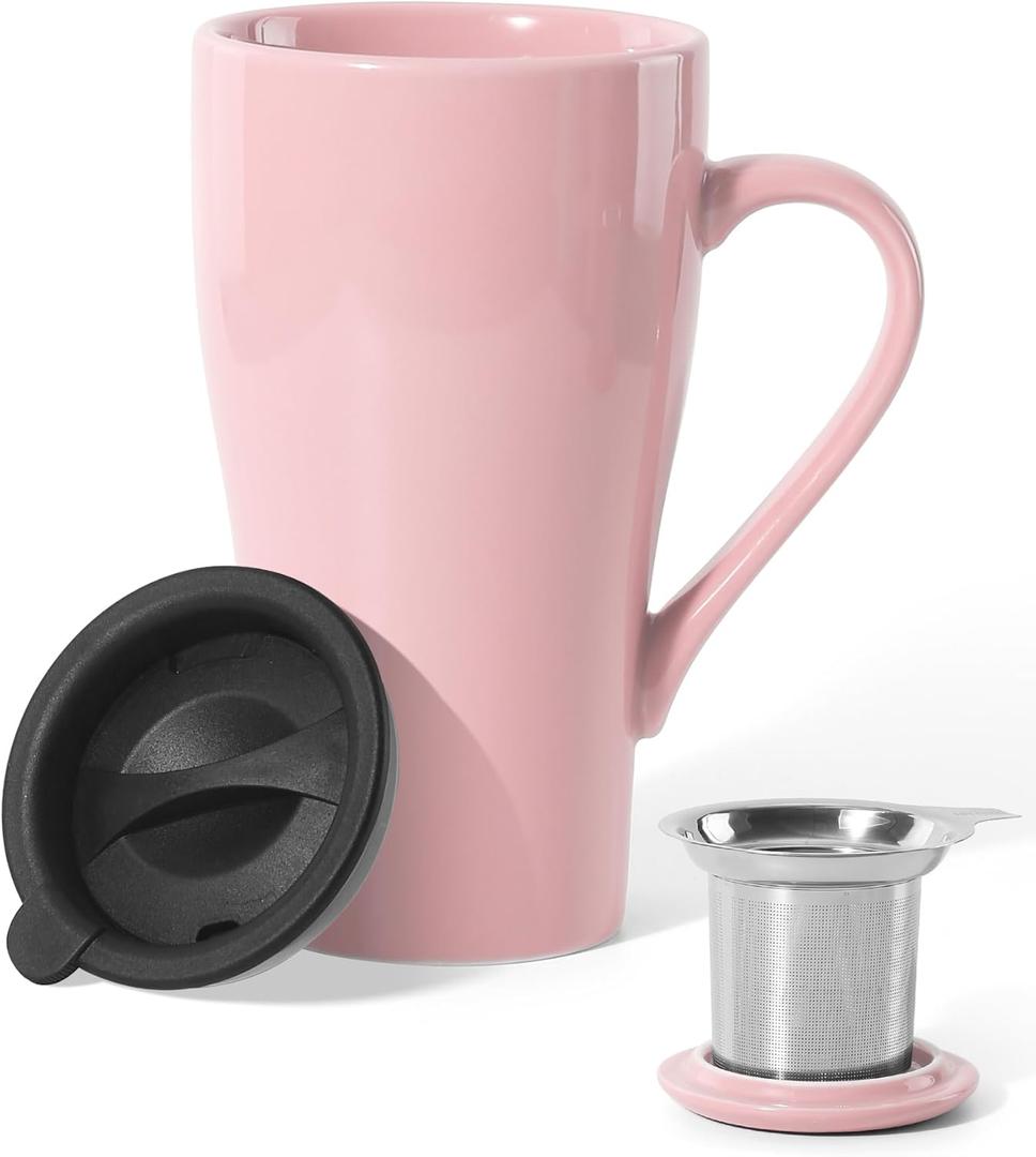Tea Cup with Infuser and Lid, 18oz Large Tea Infuser Mug, Ceramic Loose Leaf Tea Mug with Strainer & Silicone Lid for Women, Man, Christmas, Gifts (Pink)