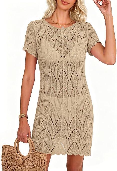 Falechay Womens Swimsuit Coverup Round Neck Short Sleeve Knit Summer Beach Dress See Through Crochet Mesh Bathing Suit Hollow Out Flowy Cover Ups 2026 Beige M