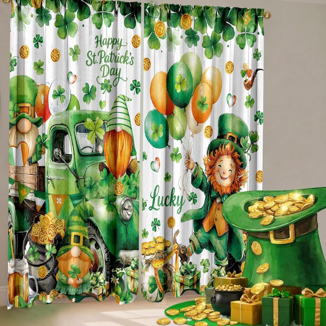 2 Pcs St. Patrick's Day Curtains for Living Room Green Shamrock Truck Gnomes Curtains 52 x 84 Inches Irish Clover Happy St. Patrick's Day Window Drapes Bedroom Window Party Decor