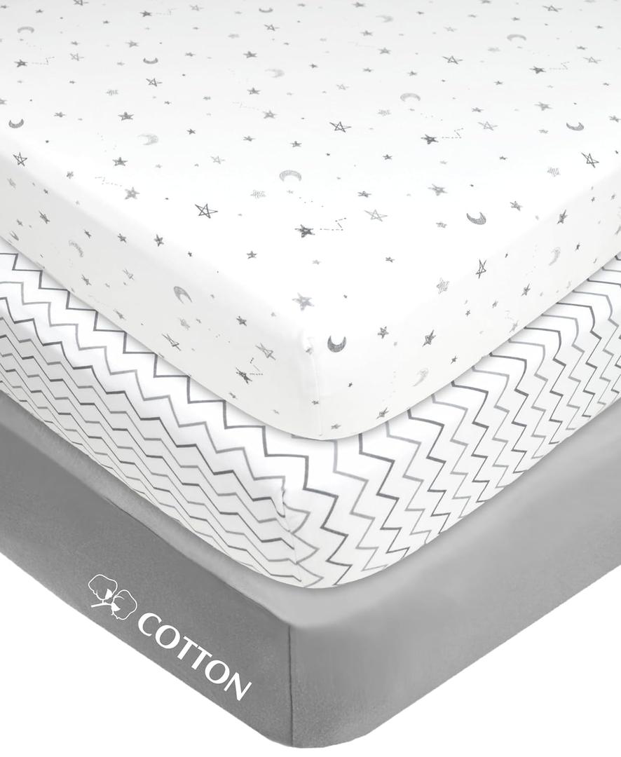 American Baby Company 3 Pack Fitted Mini Crib Sheet 24" x 38", Soft Breathable Neutral 100% Cotton Jersey Portable Sheet, Gray Star/Zigzag, for Boys and Girls, Fits Most Pack N Play Mattresses