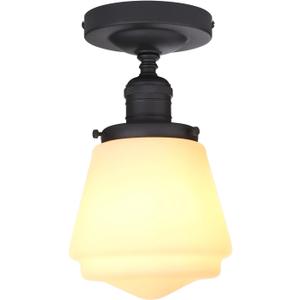 Industrial Semi Flush Mount Ceiling Light with Milk White Glass Pendant Lamp Shade, Vintage Close to Ceiling Light Fixture for Porch, Hallway, Entryway, Kitchen, Bedroom, Hotel (Black)