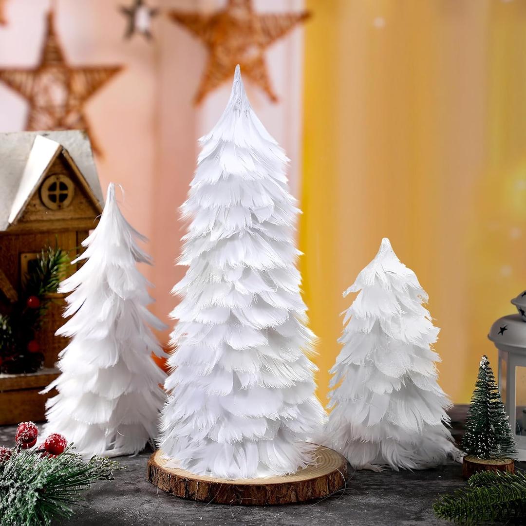 3 Piece Christmas Feather Tree with Tips White Feather 6'' 8'' 12'' Xmas Decor White Natural Xmas Tree Tabletop Decorations Centerpieces for Winter Wedding Christmas Party