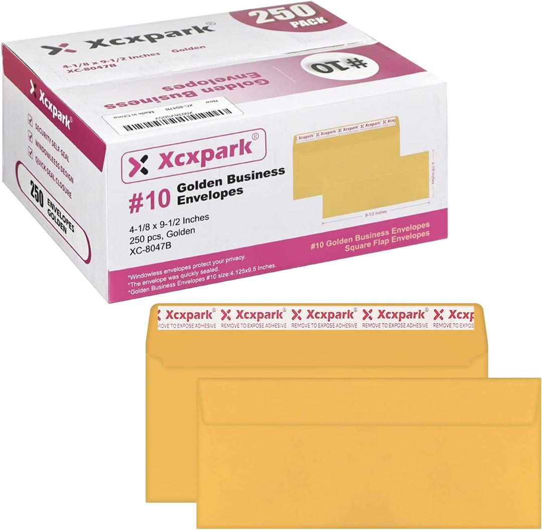 Xxcxpark 250 PCS #10 Golden Self Seal Kraft Security Envelopes - 4-1/8 x 9-1/2 Inches, Windowless, Invisible, Super Strong Quick Seal, Security Tint Pattern