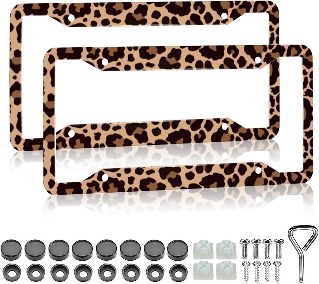 Leopard Print License Plate Frame - 2 Pack Animal Brown Leopard Cheetah Print Tags Frames Holder Covers, Car Decorative Tag Frames for Standard US Canada License Plate Holder 4 Holes 12x6 Inch