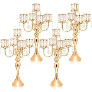 Kehail Gold Candelabra Candle Holders, Elegant Bling Centerpiece with Pendant Crystal Table Decorations 5 Arms Candlesticks for Dining Room,22 Inches Tall (4, Gold)