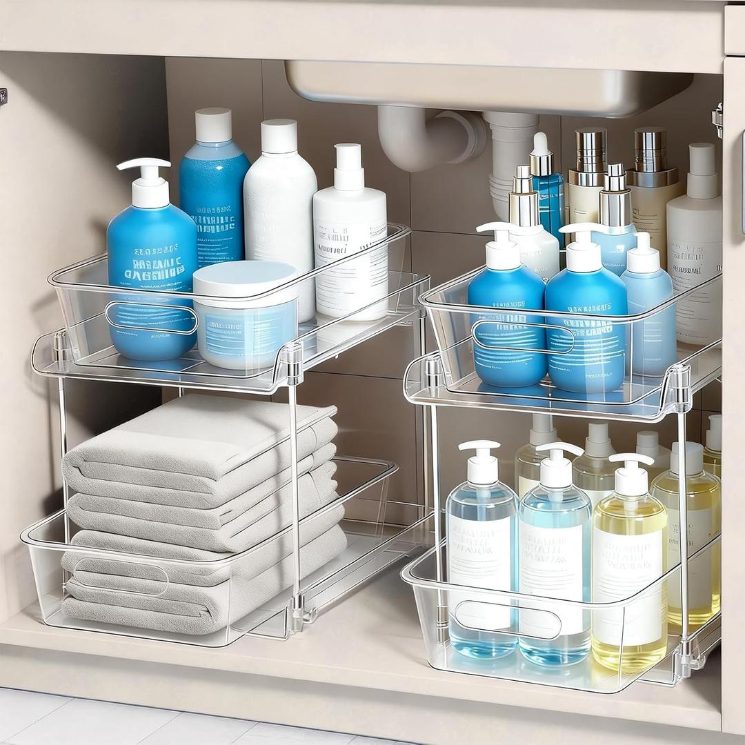 2 Tier Under Sink Organizer Bathroom Organizers and Storage, Clear Stackable Bathroom Cabinet Organizer, Multipurpose Pull-Out Home Organizer for Kitchen and Pantry Storage 2 Pack