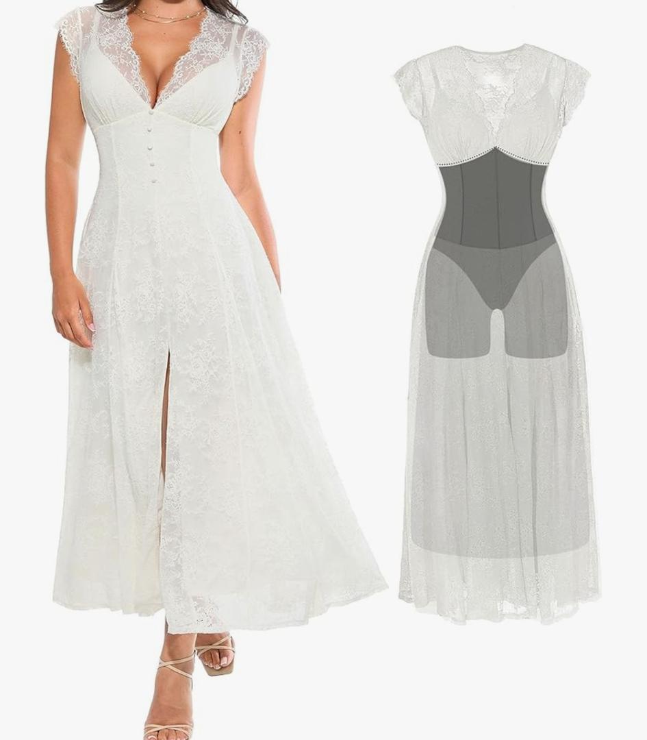 Popilush Women's Formal Wedding Guest Lace Sleeveless V Neck Maxi Shapewear Dress Evening Mother of Bride Split Dresses, M