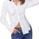 2 x SUNNOW Women's Slim Fit V Neck Blouse Long Sleeve Gathered Waist Shirt with Flared Hem Elegant Button Down Top (White, S)